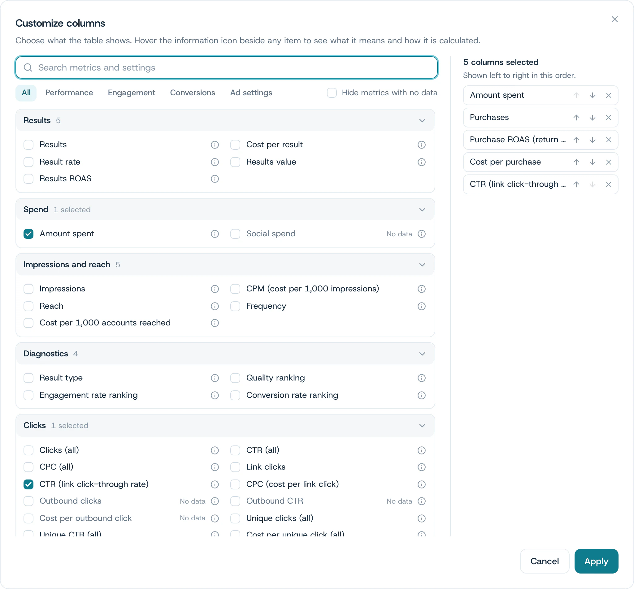 The column chooser: metrics grouped as in Ads Manager, with the chosen columns in order on the right.