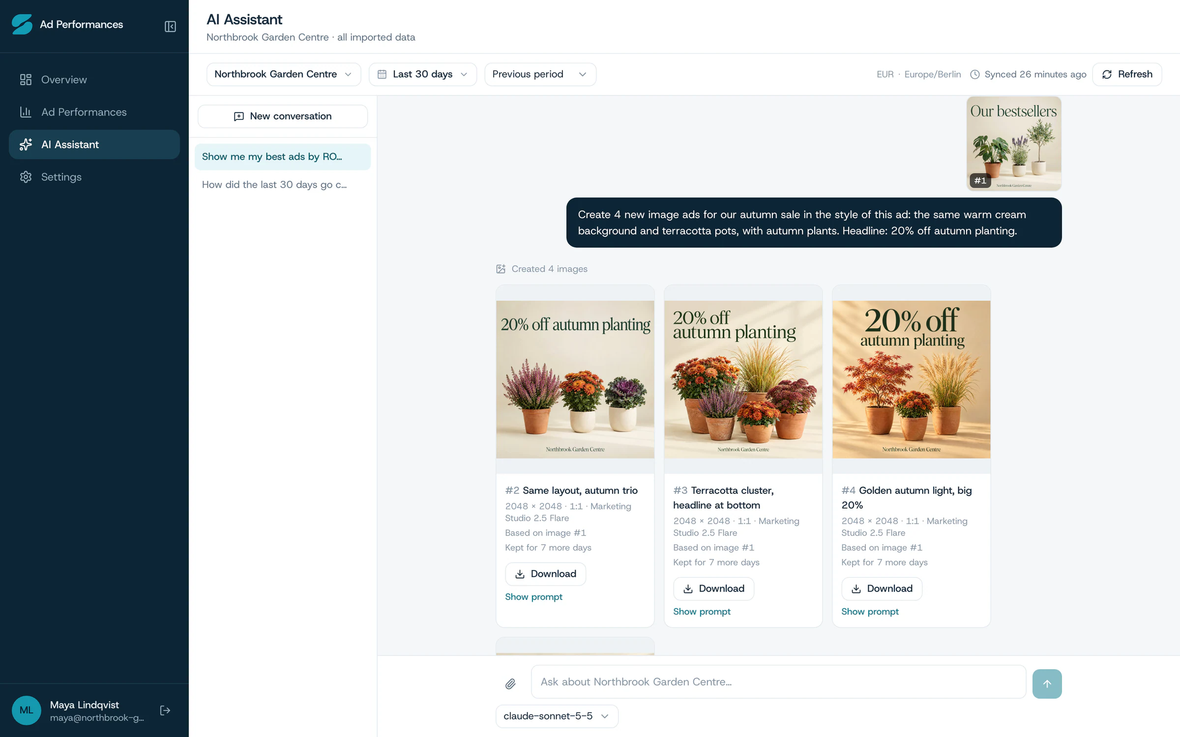The assistant being asked for four new image ads in the style of an attached ad, and the four ads it created, each with a download button.